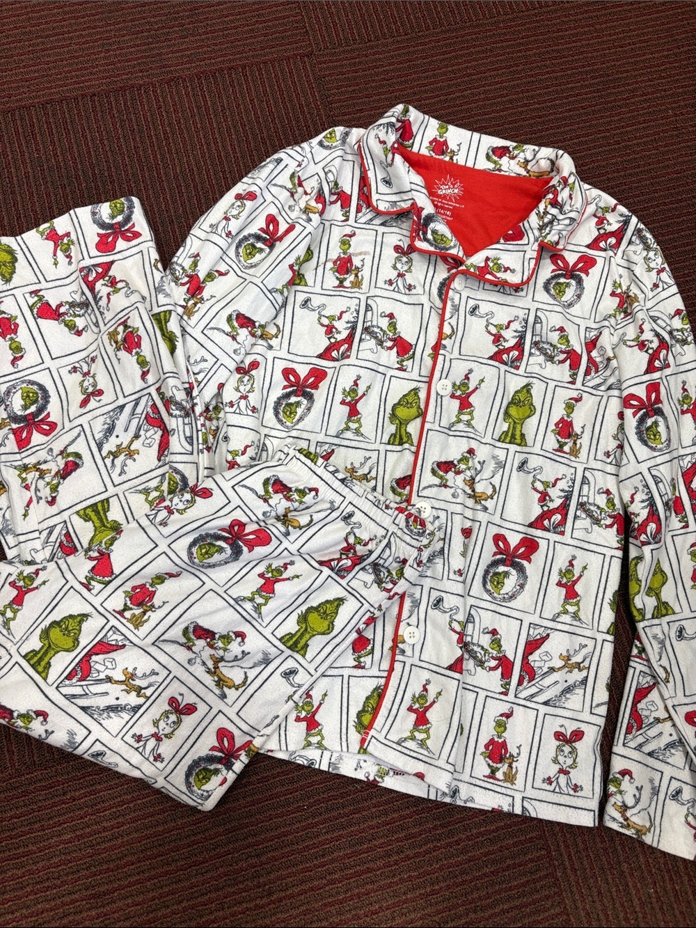 Kids' Grinch Holiday Button-Front Pajama Set - White/Red/Green